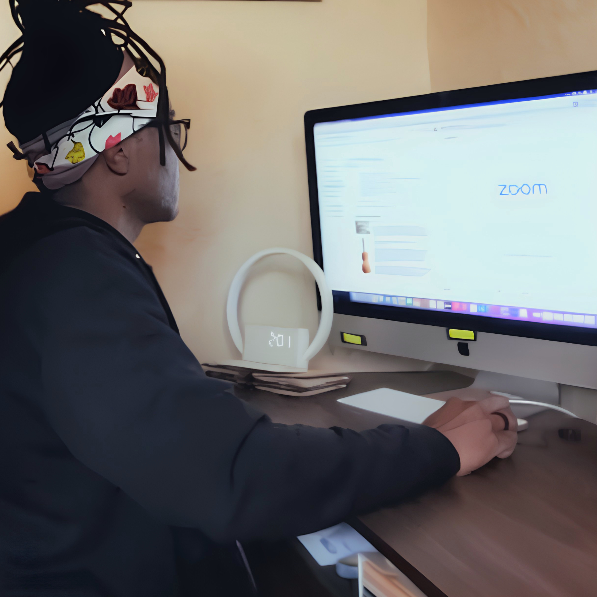 Person viewing the Zoom website on a computer, representing internet connectivity and online communication.